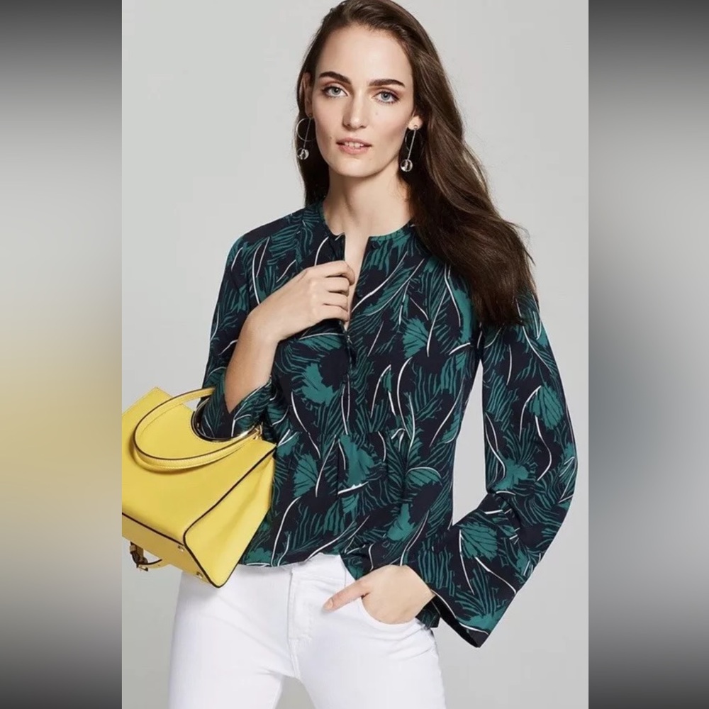 Equipment Femme 100% Silk Blouse Green Palm Leafs Tropical Tunic Top Sz M